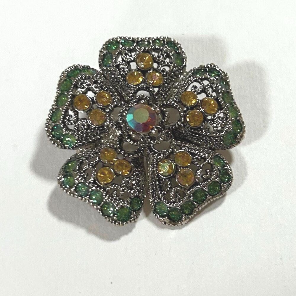 Flower Rhinestone Brooch with Yellow and Green stones - Vintage Pin